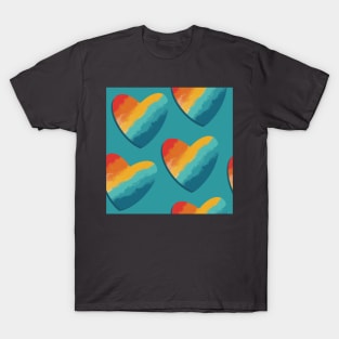 Retro Rainbow Hearts Repeat Pattern on Blue T-Shirt